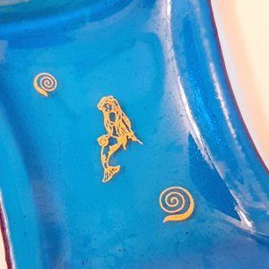 New Transparent Blue Glass with 22K Gold Mermaid & Swirls Jewelry Dish or Plate
